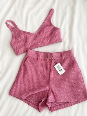 Showpo Pink High Waist Tweed Shorts Set
